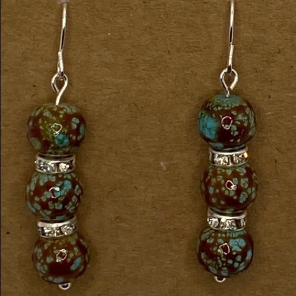 Brown and Teal with Rhinestones | Drop Earrings